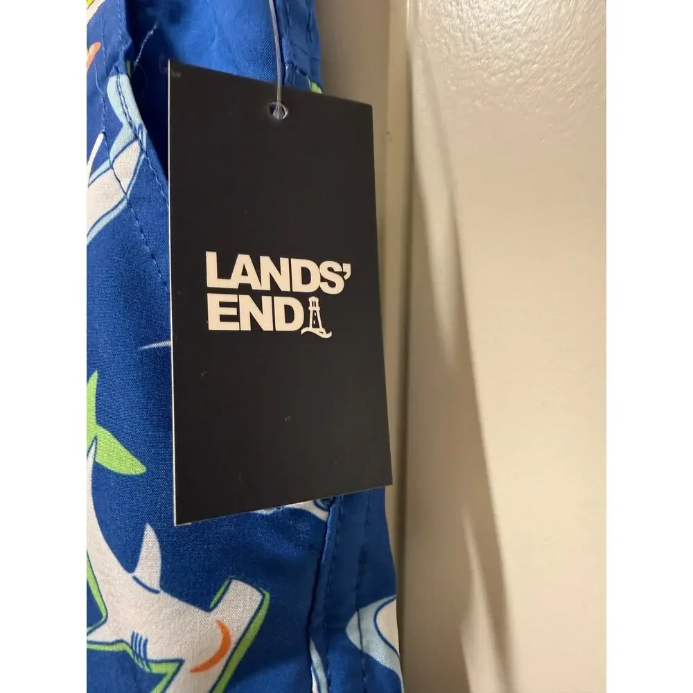 Lands End Boys Swim UPF 50+ Comfort Hydroliner SwimTrunks Neon Blue Sharks Large